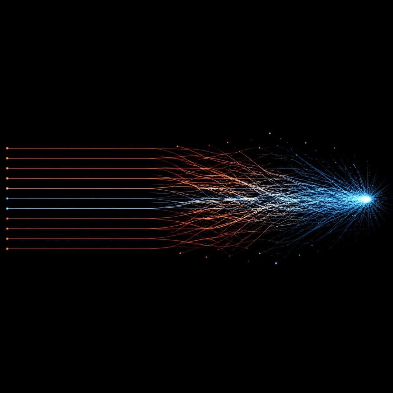 Parallel lines running straight from the left before diverging into a tangle of crossing paths, converging at a single point of light on the right.